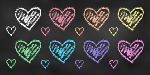 Set of Design Elements Red, Orange, Yellow, Green, Blue, Violet and Yellow Hearts Isolated on Chalkboard. Realistic Chalk Drawn Sketch.