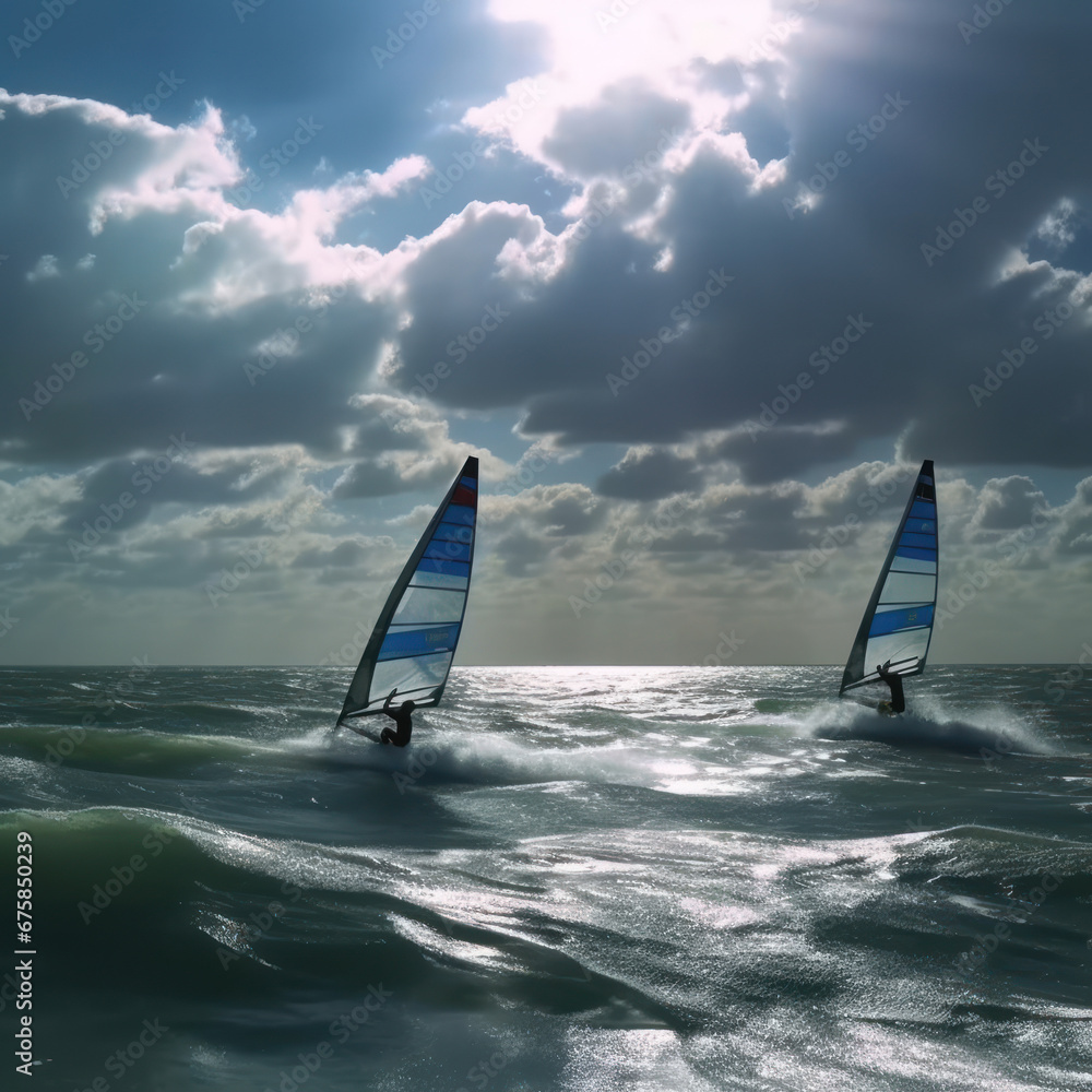 Poster A couple of windsurfers racing across choppy seas 
