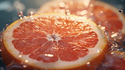 Grapefruit Fresh delicious ripe fruits, a beautiful selling picture with moisture gloss and drops of water on the fruit, diet for athletes, vegetarians, nutriology fitness - obrazy, fototapety, plakaty