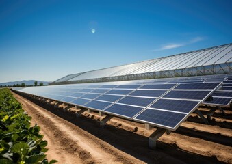 Farmland enhanced with agrivoltaics, where solar panels are intelligently integrated to provide both renewable energy generation and shade for crops, vertical view, vertical view
