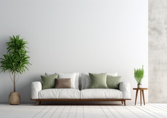White sofa or couch with side tables on a white background, banner size, minimalism, fresh and calm interior, shine marble floo