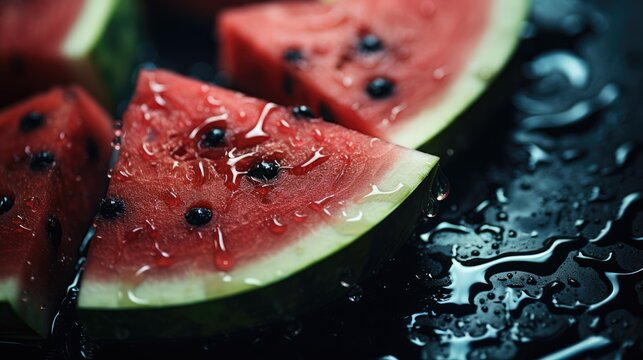 Watermelon Fresh delicious ripe fruits, a beautiful selling picture with moisture gloss and drops of water on the fruit, diet for athletes, vegetarians, nutriology fitness