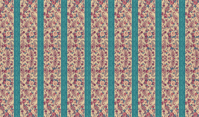Patterned bars in contrasting tones dividing the floral background vertically.