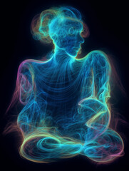 abstract woman méditation, relaxation yoga lightray, lightpainting pattern, fractal fluorescent blue, ai generated 
