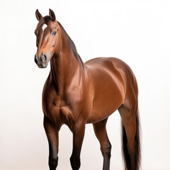 Chocolate brown horse finely groomed before a spotle 
