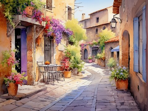 Fototapeta Provence streets with windows and houses and flowers in watercolor style