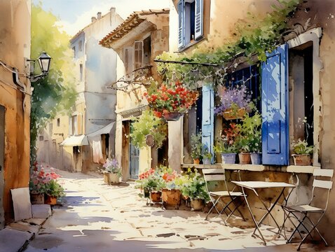 Fototapeta Provence streets with windows and houses and flowers in watercolor style