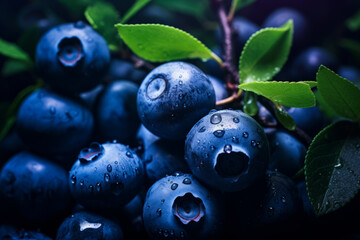 Close up of blueberries with water drops on them.