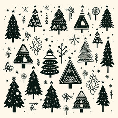 Obraz premium Vector black doodle christmas symbols clipart on white background
