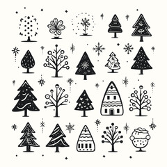 Vector black doodle christmas symbols clipart on white background
