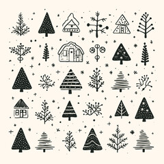Vector black doodle christmas symbols clipart on white background