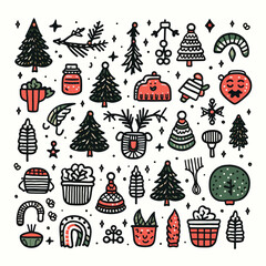 Vector black doodle christmas symbols clipart on white background