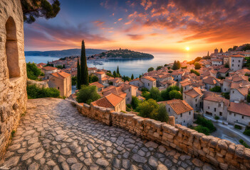 A scenic view of a small town at sunset HD Wallpaper - obrazy, fototapety, plakaty