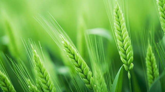 Closeup of green growing cereal on agriculture field of wheat as background texture