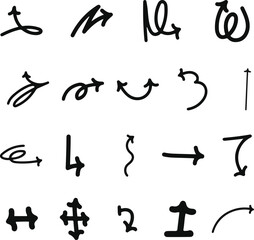 Doodle hand drawn vector arrows set. Isolated on white background, thin lines.Thin curved sketch arrows collection. Hand drawn vector arrows pointing different directions stock illustration.