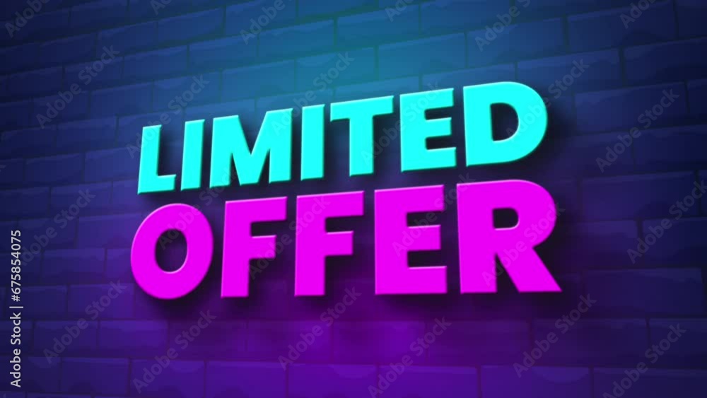 Poster limited offer light text on brick wall background motion animation. glowing large text concept anima