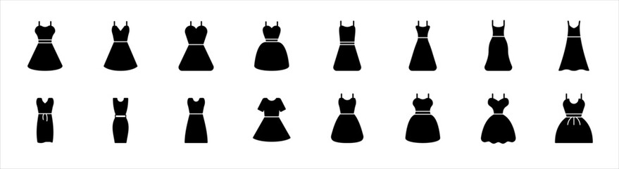 Woman dress icon. Black women dress icon set. Glyph wedding dress collection. Skirt icon. Vector illustration. - obrazy, fototapety, plakaty