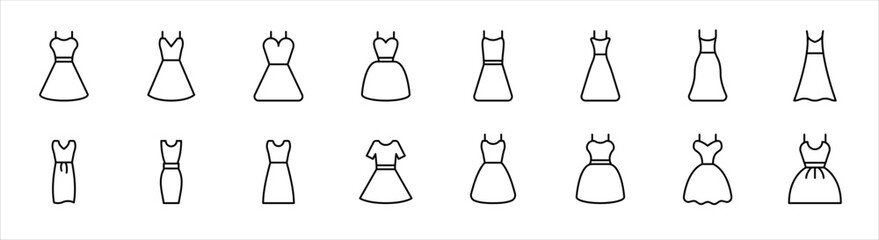 Woman dress line icon. Women dress icon set. Wedding dress collection. Skirt icon. Editable stroke. Vector illustration. - obrazy, fototapety, plakaty