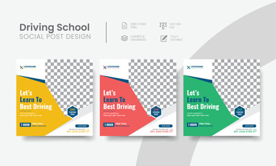 Driving school social media post for marketing web banner ads. Editable vehicle driving school suitable social layout template for advertising square online flyer. Vol - 21