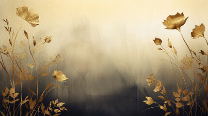Naklejka premium Closeup of pastell golden plants, flowers and leaves on grey, fades beige background
