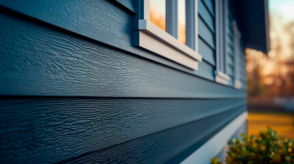 Blue vinyl siding texture and window, close-up view.