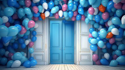 Fototapeta premium 3D render of colorful balloons floating through blue door