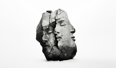 rough rock, two faces merged, white background. Generative Ai.