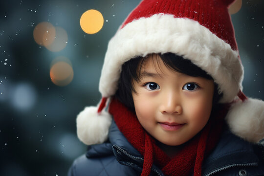 Adorable small child Christmas lover play new year fair market Generative AI technology picture
