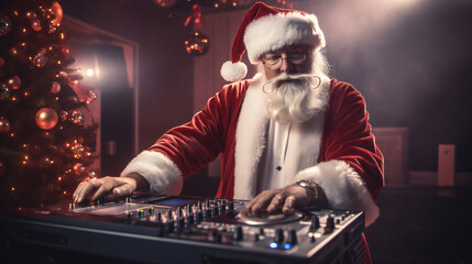 Fototapeta na wymiar A lively Christmas party featuring Santa Claus as the DJ in a festive outfit, mixing tracks on a DJ mixer 