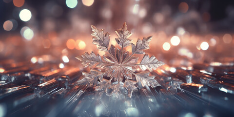 Abstract Magic Winter Snowflake. Landscape Background with Snow, Snowflakes  and Gold, Bokeh Lights - Banner, Panorama, Glamour. Glistering Blue and Gold colour. 