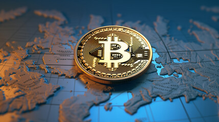 Fototapeta na wymiar Bitcoin on Global Map Cryptocurrency Worldwide Influence