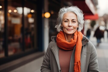 Portrait of happy senior woman in scarf and coat walking on street