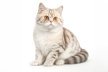 Obraz premium Adorable Munchkin Tabby Cat with Yellow Eyeson White Background. Isolated