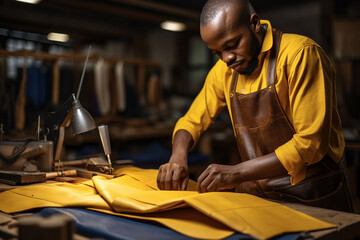 The leather designer works on a bright yellow outfit doing the jobby drawing patterns, cutting, and sewing leather cloth in a leather worksop. Generative AI.