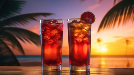 Two exotic hawaii cocktails in rays of sun on blurred tropical background. Long drink or summer cold mocktail. Fresh summer cold alcohol drinks. Romantic date or honeymoon in hotel. Travel concept
