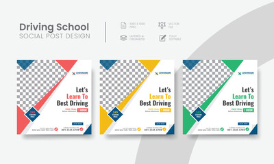 Driving school social media post for marketing web banner ads. Editable vehicle driving school suitable social layout template for advertising square online flyer. Vol - 28