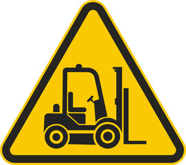 Yellow triangle safety sign icon of black pictogram forklift with fork, wheel, steering wheel, for industrial vehicle caution alert 