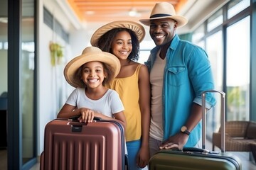 Young African family preparing luggage suitcases in hotel for travel vacation
