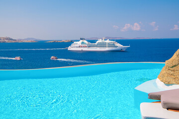 Fototapeta premium Pool view with cruise at Mykonos Island, Greece