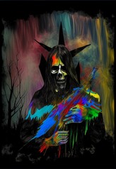 AI generated illustration of a skeleton with colorful guitar - death metal album cover