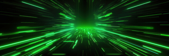 Abstract neon wallpaper. Green glowing lines over black background. Streaming energy. Particles moving and leaving tracks.