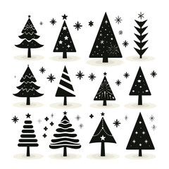 Obraz premium Black doodle Christmas trees symbols clip art on white background