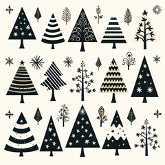 Black doodle Christmas trees symbols clip art on white background