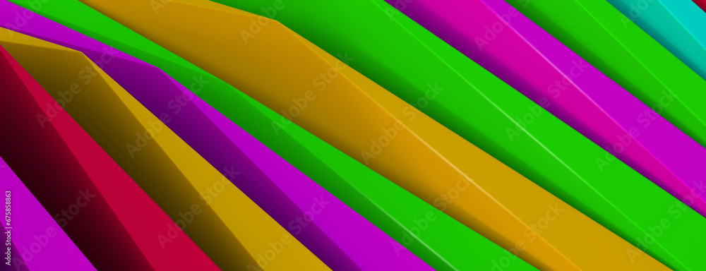 Poster 3d rendering. rainbow of colorful shapes abstract background. trendy layout, event poster. futuristi