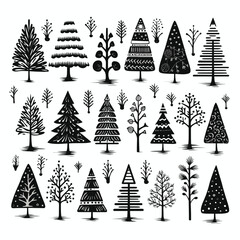 Obraz premium Black doodle Christmas trees symbols clip art on white background