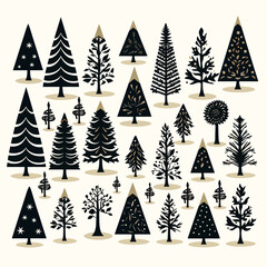Obraz premium Black doodle Christmas trees symbols clip art on white background