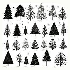 Obraz premium Black doodle Christmas trees symbols clip art on white background
