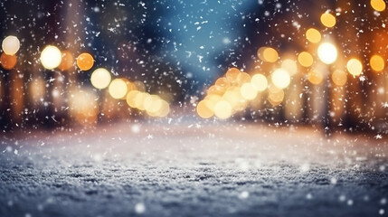 Beautiful blurred street of festive night or evening city with snowfall and Christmas lights. Abstract christmas defocused background. - obrazy, fototapety, plakaty