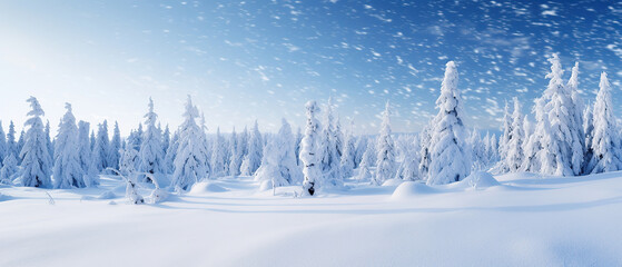 Beautiful ultrawide background image of light snowfall falling over of snowdrifts.