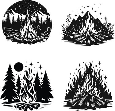black and white silhouette of a camping bornfire tree